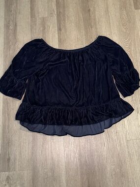 Soho Navy Velvet Off-Shoulder Ruffle Top